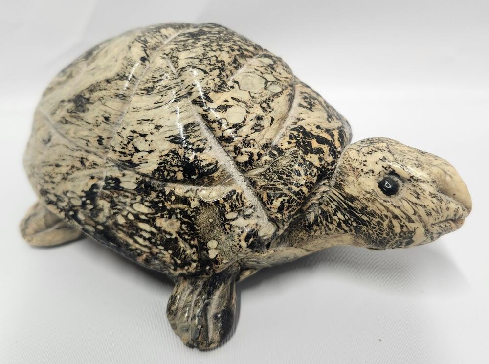 Vintage Style Paper Mache Turtle Tortoise Figurine Black Cream Marbled 7"